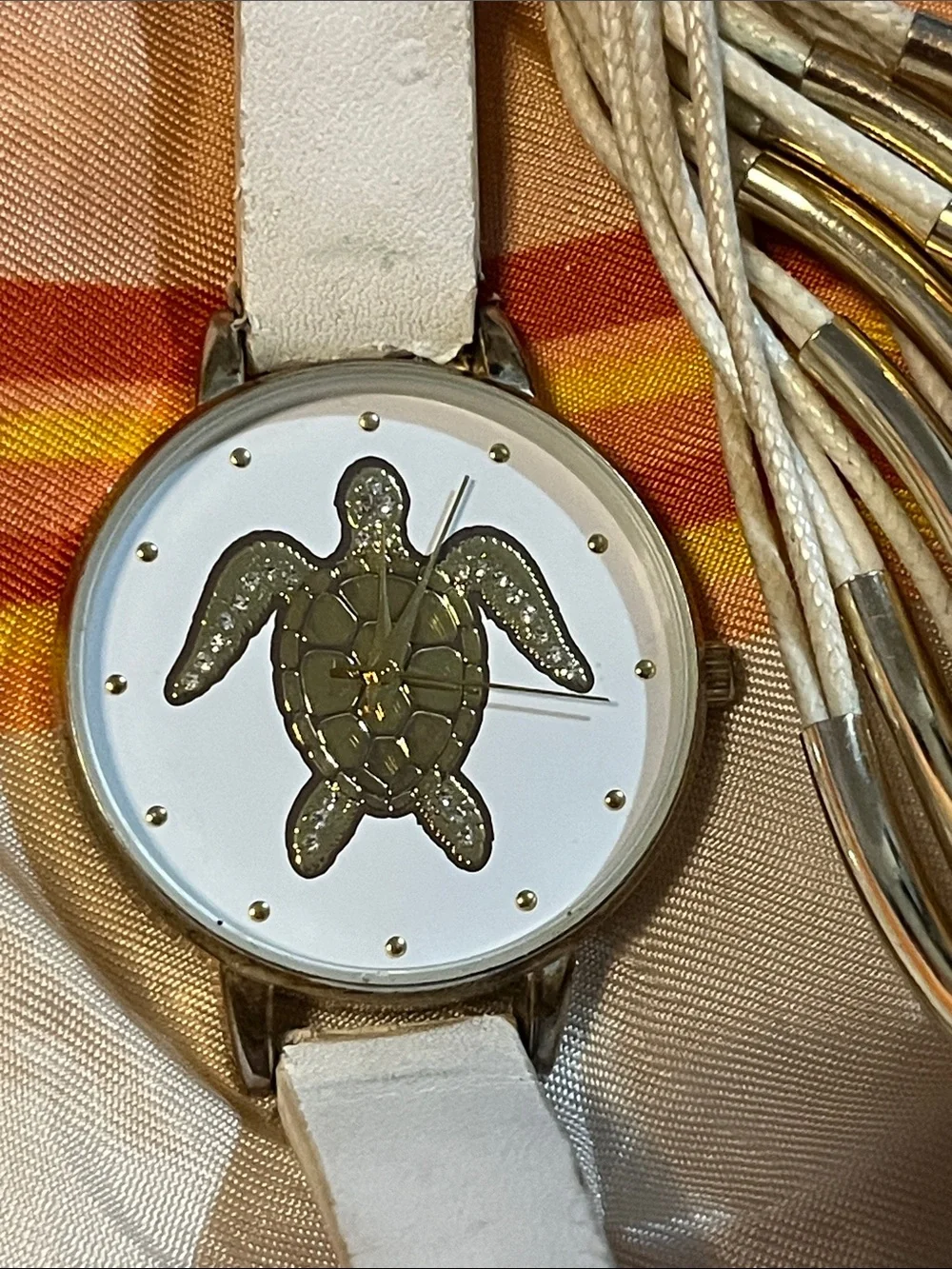 White Turtle Dial Women’s Watch with Coordinating Tassel Bracelet